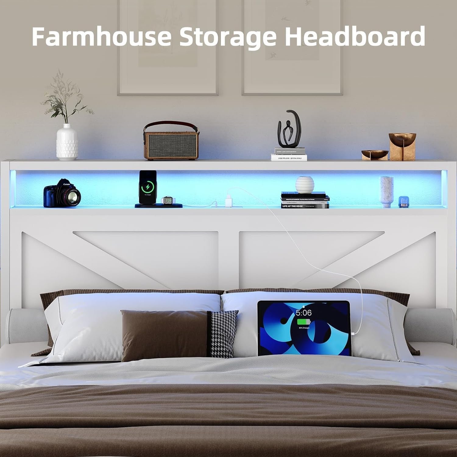 Queen Bed Frame with Headboard, Queen Bed Frames with Outlets and LED Lights, Rustic Bed Frame with Storage Headboard, Farmhouse Barn Door Design, Noise Free, No Box Spring Needed, White