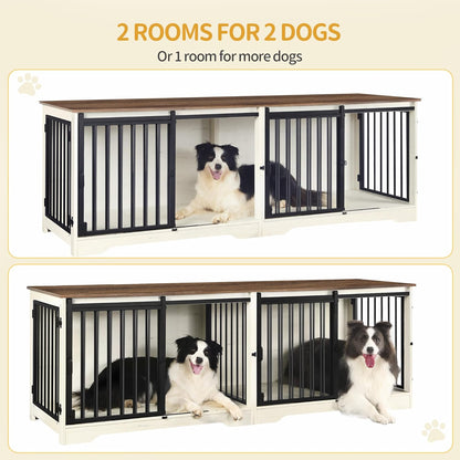 78" Dog Crate Furniture for 2 Dogs, Double Dog Cage with Divider, Wooden Heavy Duty Dogs Kennel, Pet Cage with Barn Door, TV Stand for Large Small Medium Dogs, White Brown DFC83714BV1