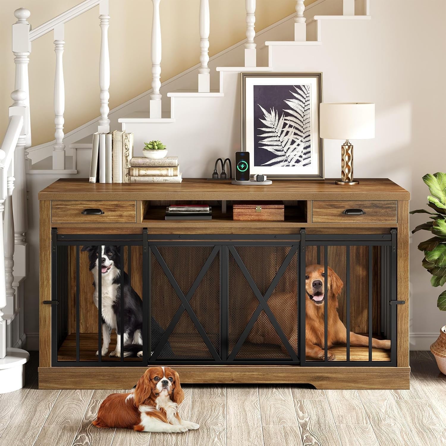 63 Inch Double Dog Crate TV Stand with Charging Station, Heavy Duty Wooden Cage Furniture for 2 Dogs, Dog Kennel Indoor Furniture Double Sliding Barn Door Design Ideal for 2 Dogs, Oak
