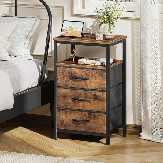 Nightstand with Charging Station, 27.6 Inch Bedside Table with Fabric Drawers, End Table with USB Ports and Outlets, Night Stand for Bedroom, Rustic Brown