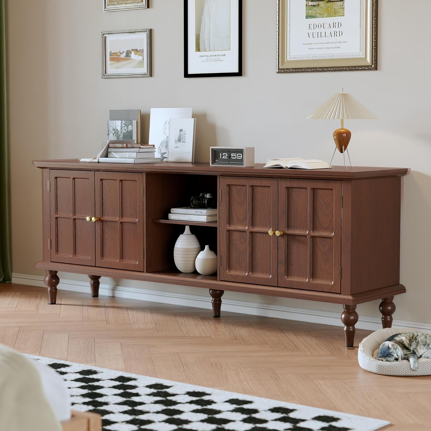 67" Mid Century Modern TV Stand with Window Design,Wood Entertainment Center with Open Shelf,Up to 70" Media TV for Living Room or Bedroom,Walnut