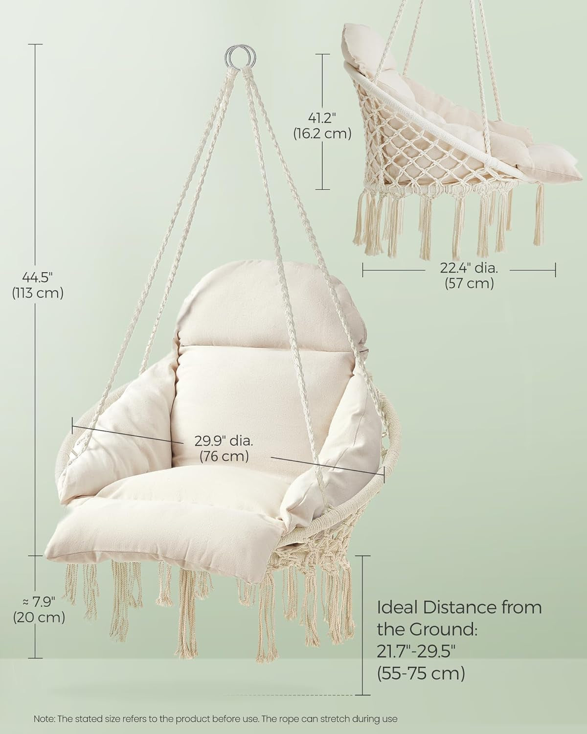 Hanging Chair, Hammock Chair with Large, Thick Cushion, Boho Swing Chair for Bedroom, Patio, Balcony, Garden, Holds up to 264 Lb, Accessories Included, Cream White UGDC042M01