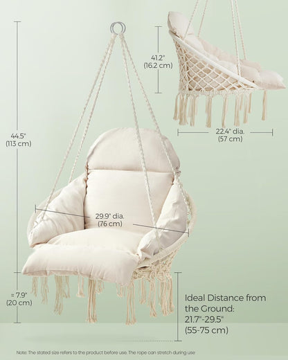 Hanging Chair, Hammock Chair with Large, Thick Cushion, Boho Swing Chair for Bedroom, Patio, Balcony, Garden, Holds up to 264 Lb, Accessories Included, Cream White UGDC042M01