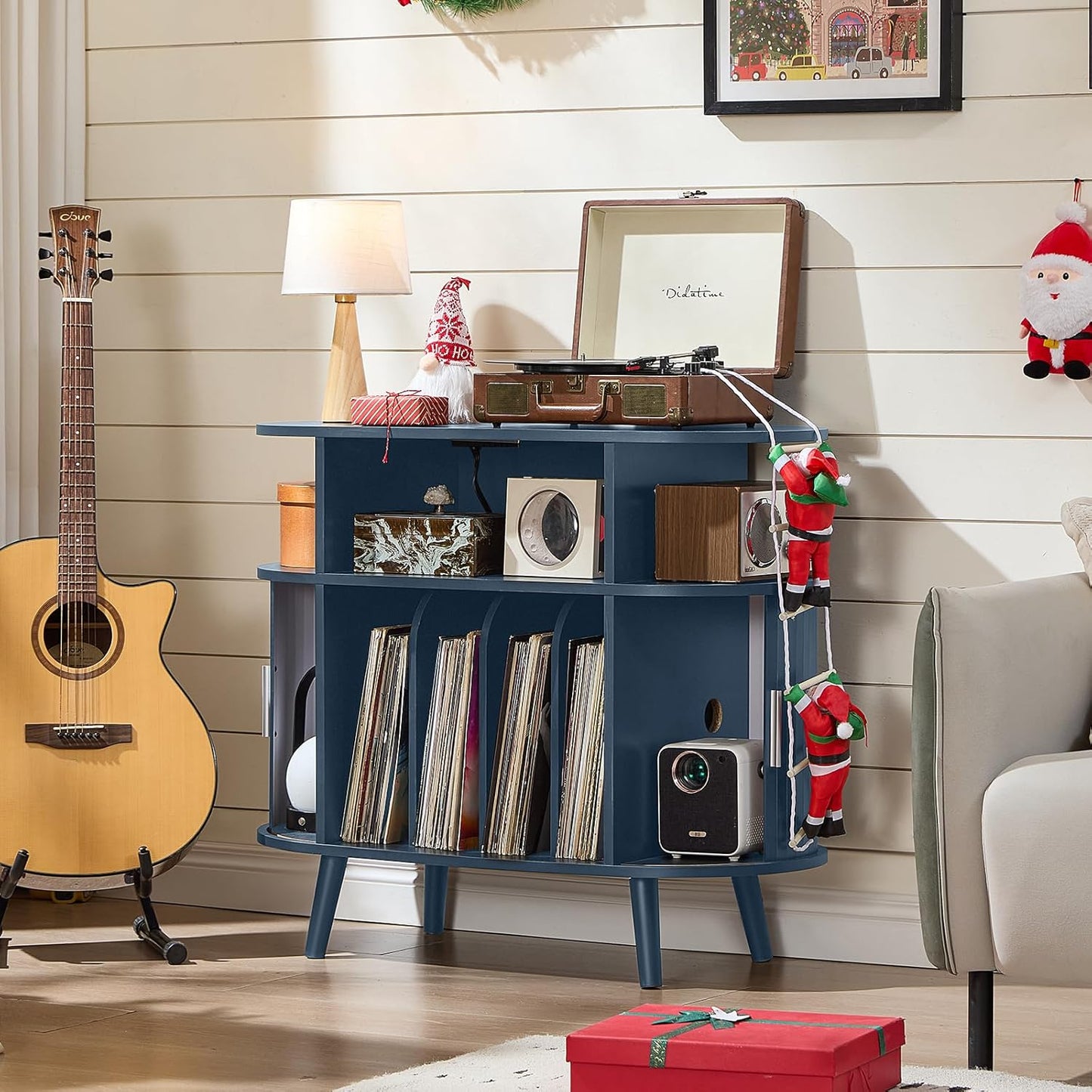 Large round Record Player Stand with Charging Station & Fluted Panel,Navy Blue Mid Century Modern Turntable Cabinet with Vinyl Storage, Arched Wood Record Player Table for Living Room