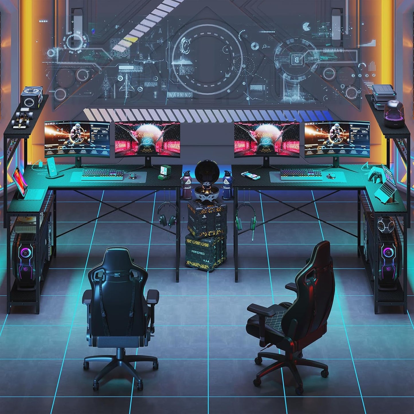 Gaming Desk 51" L-Shaped, with Power Outlets & LED Lights- 4 Tier Shelves, Reversible Gamer Table with Hooks & Cup Holder for Home Office Carbon Fiber Black