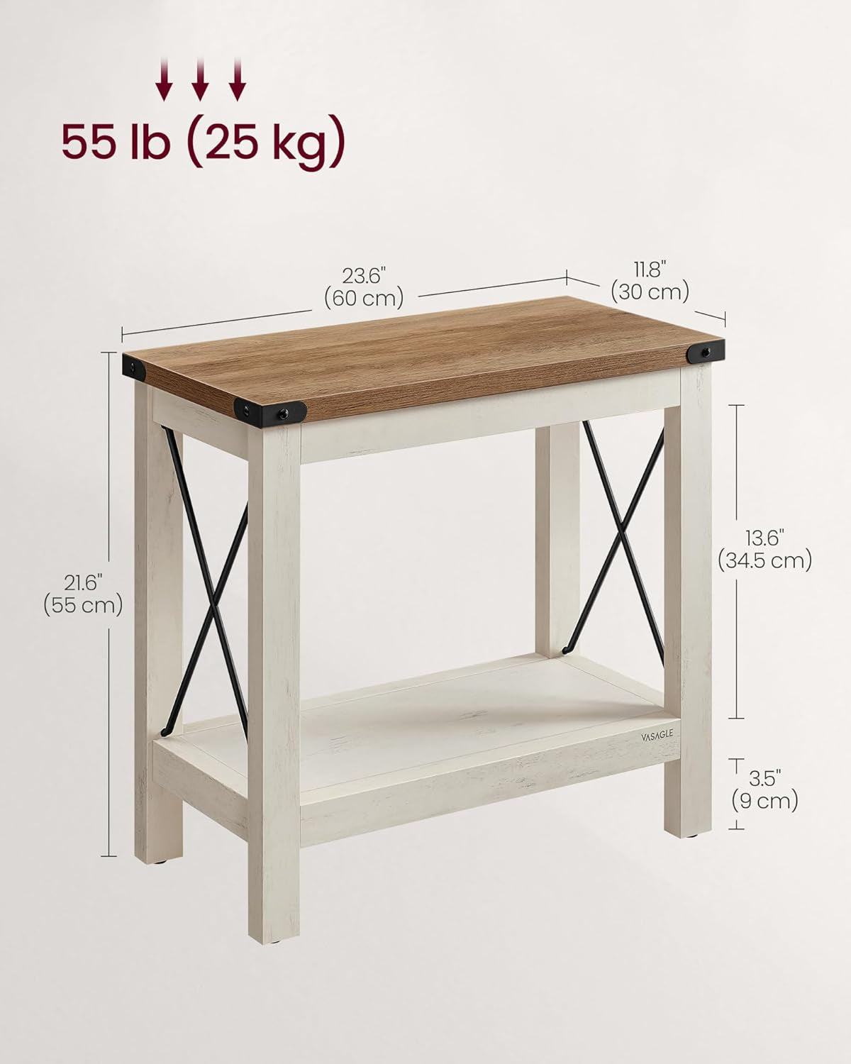 2-Tier End Table, Side Table with Bottom Shelf, Nightstand for Small Spaces, for Living Room, Bedroom, Farmhouse Style, Rustic White and Honey Brown ULET235W01