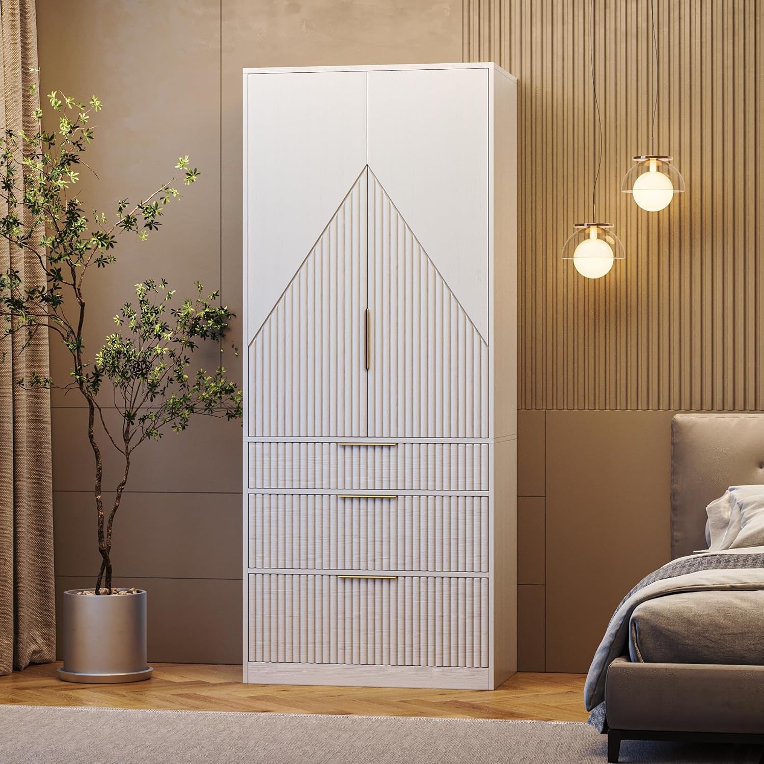 71.7" Wardrobe Armoire Wooden Closet with 2 Doors and 3 Drawers, Bedroom Armoire with Hanging Rod Shelf, Large Capacity Storage Wardrobe Armoire, Freestanding Wooden Closet Storage Cabinet White