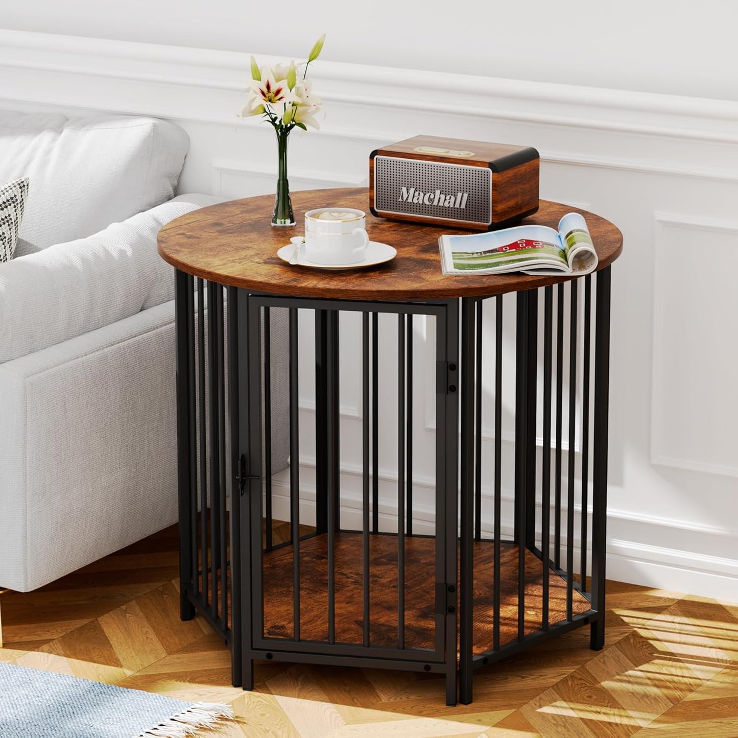 Dog Crate Furniture, Hexagonal Wooden Pet House Dog Crate End Table, Indoor Decorative Dog Kennel Furniture, for Small and Medium Dogs, Cute Dog Cage Furniture, Rustic Brown
