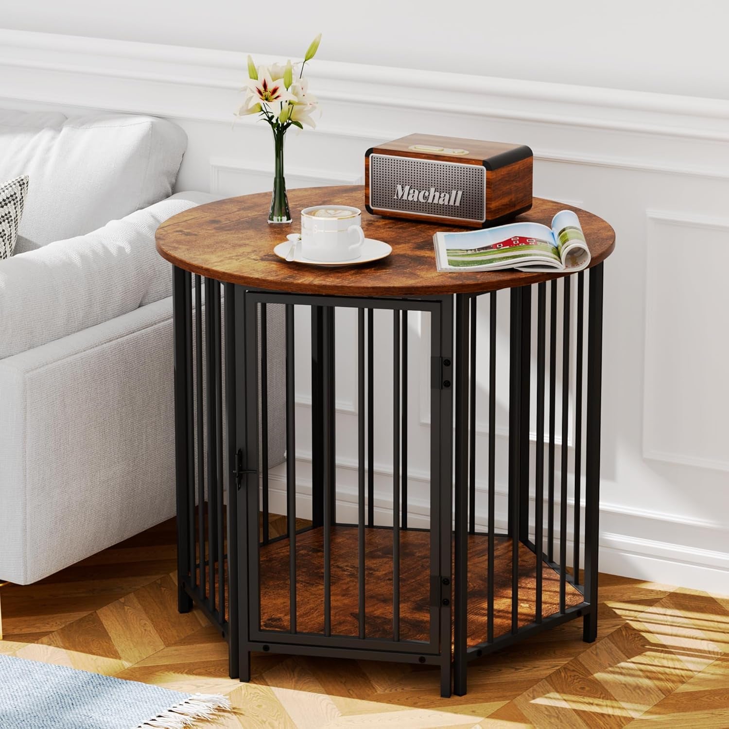 Dog Crate Furniture, Hexagonal Wooden Pet House Dog Crate End Table, Indoor Decorative Dog Kennel Furniture, for Small and Medium Dogs, Cute Dog Cage Furniture, Rustic Brown