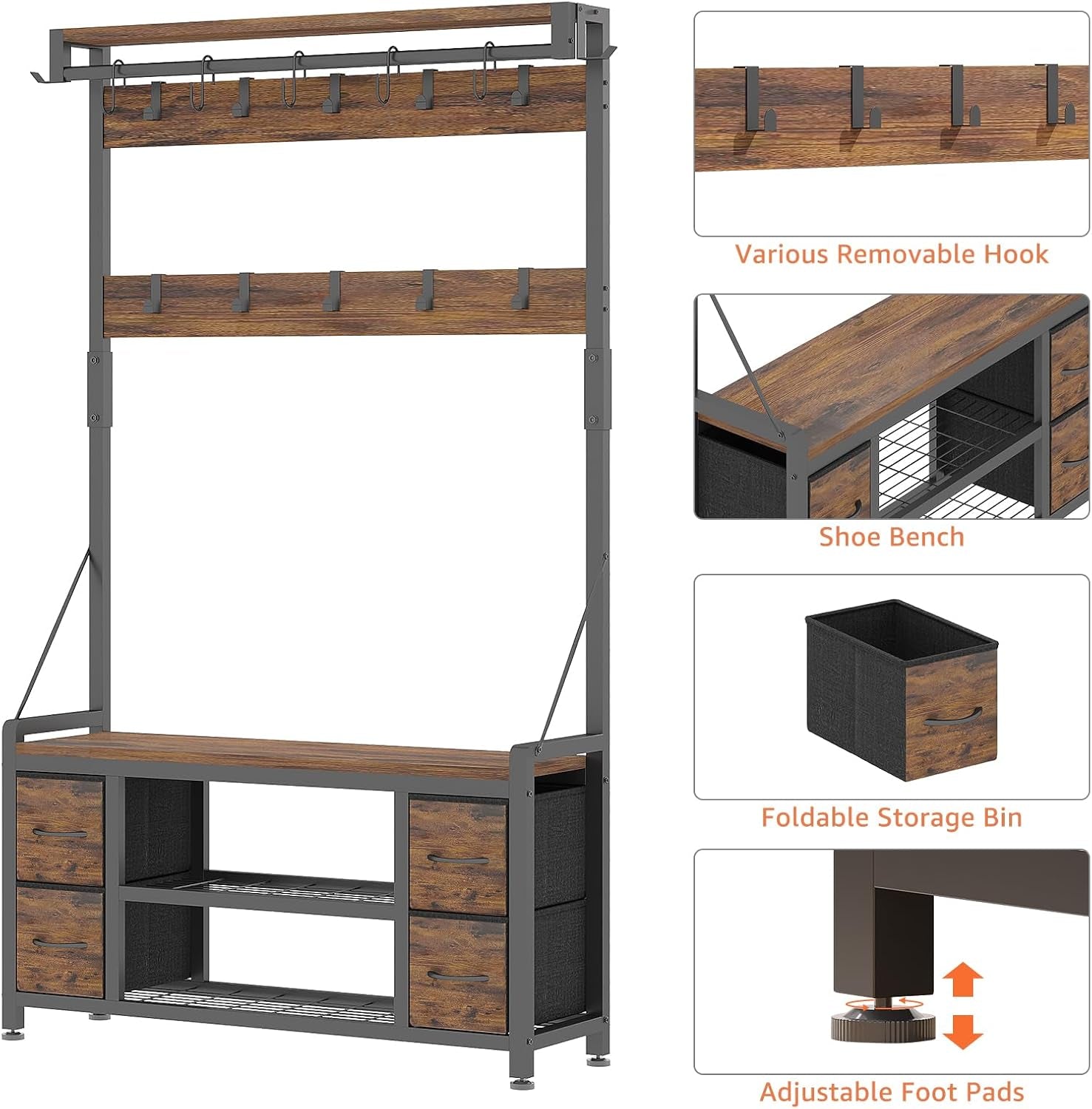 39" Hall Tree with Storage Coat Rack Freestanding Entryway Furniture Bench, 5 in 1 Design Front Door Shoe Rack and Wall Rack Hooks, and 4 Drawers (Rustic Brown)