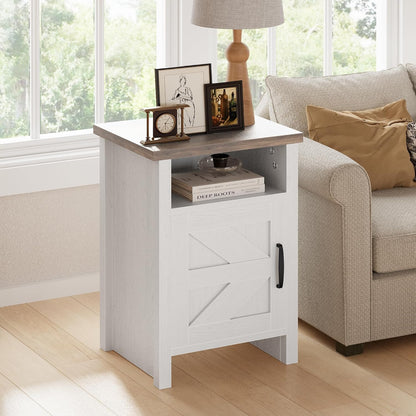 Farmhouse Nightstand, Modern Bedside Table with Barn Door and Shelf, Rustic End Table Side Table for Bedroom, Living Room (2, White)