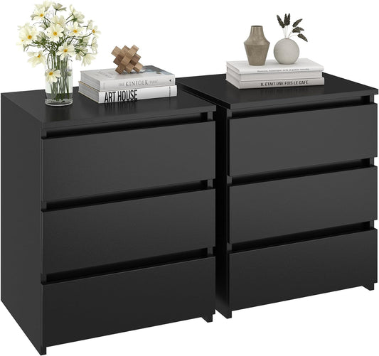 Nightstand Set of 2 Black Nightstand with 3 Drawers, Black Bedside Table Night Stand for Bedroom with Cut-Out Handle, Sofa Side Table 3 Drawer Nightstand for Bedroom, 17.7W*15D*21.7H
