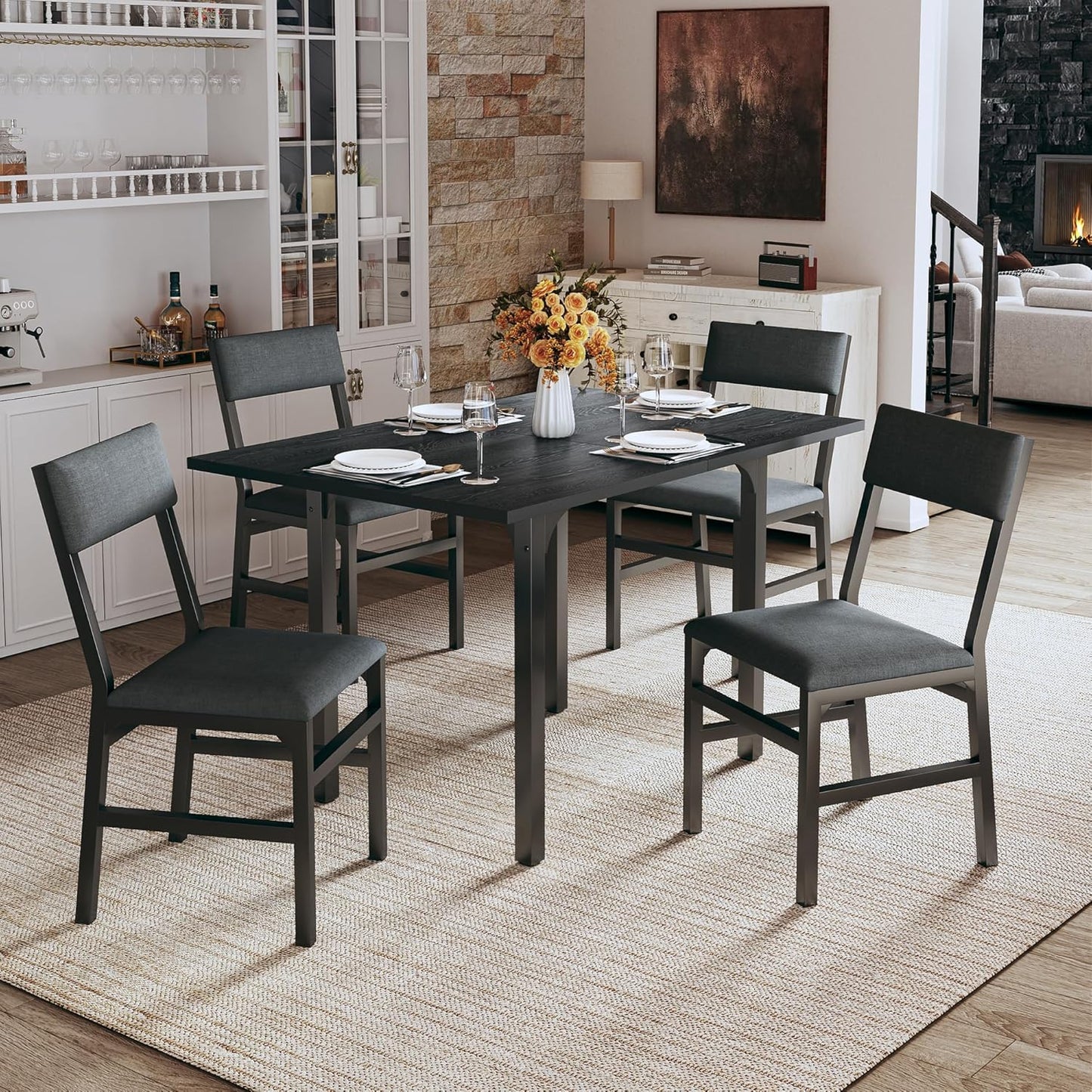 Dining Table Set for 4, Extendable Kitchen Table Cushion Chairs Set of 4, Rectangle Dining Table with Metal Frame & MDF Board, Folding for Small Apartment Saving Space, Black