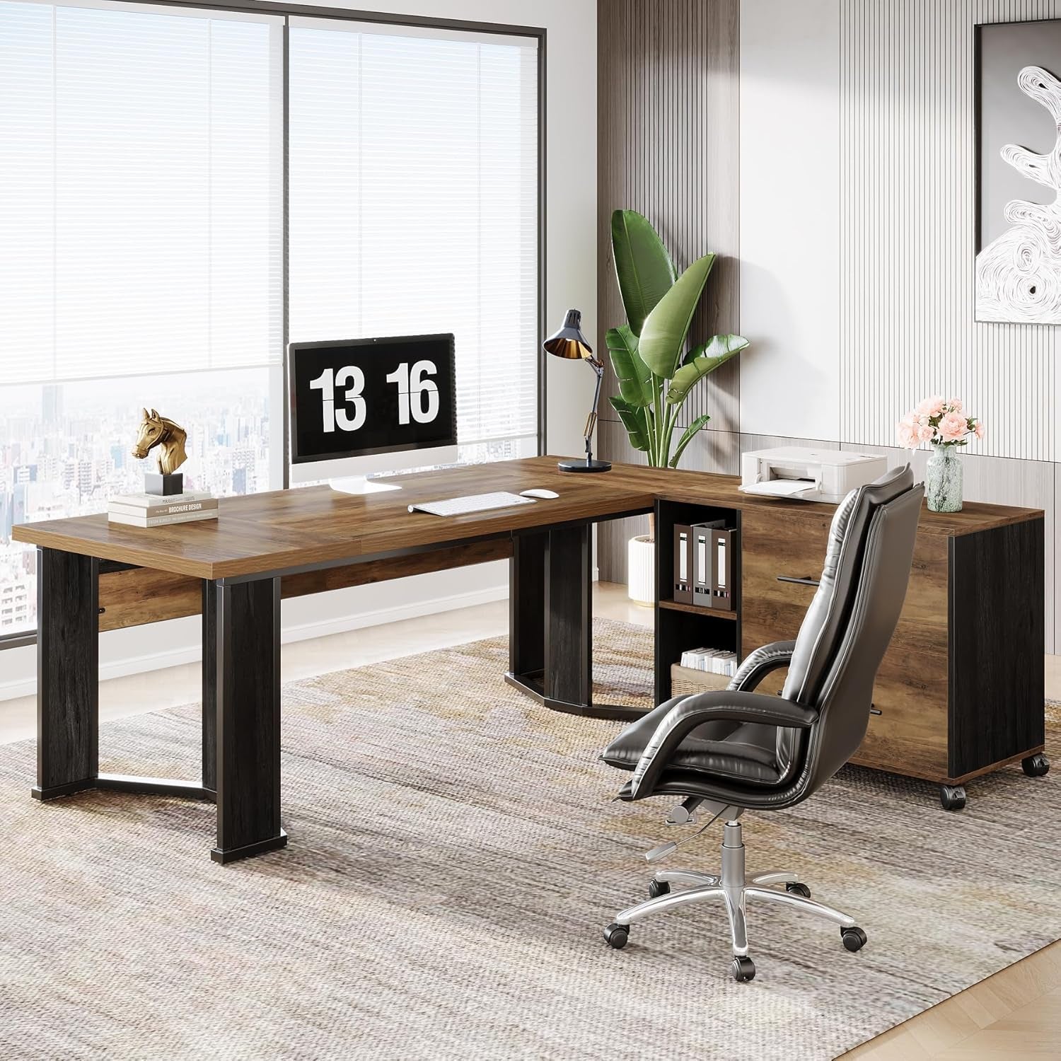 70.86" Executive Desk with Mobile File Cabinet, Large L Shaped Computer Office Desk with 2 Drawers and Storage Shelves, Business Furniture Desk Workstation for Home Office (Rustic Brown)