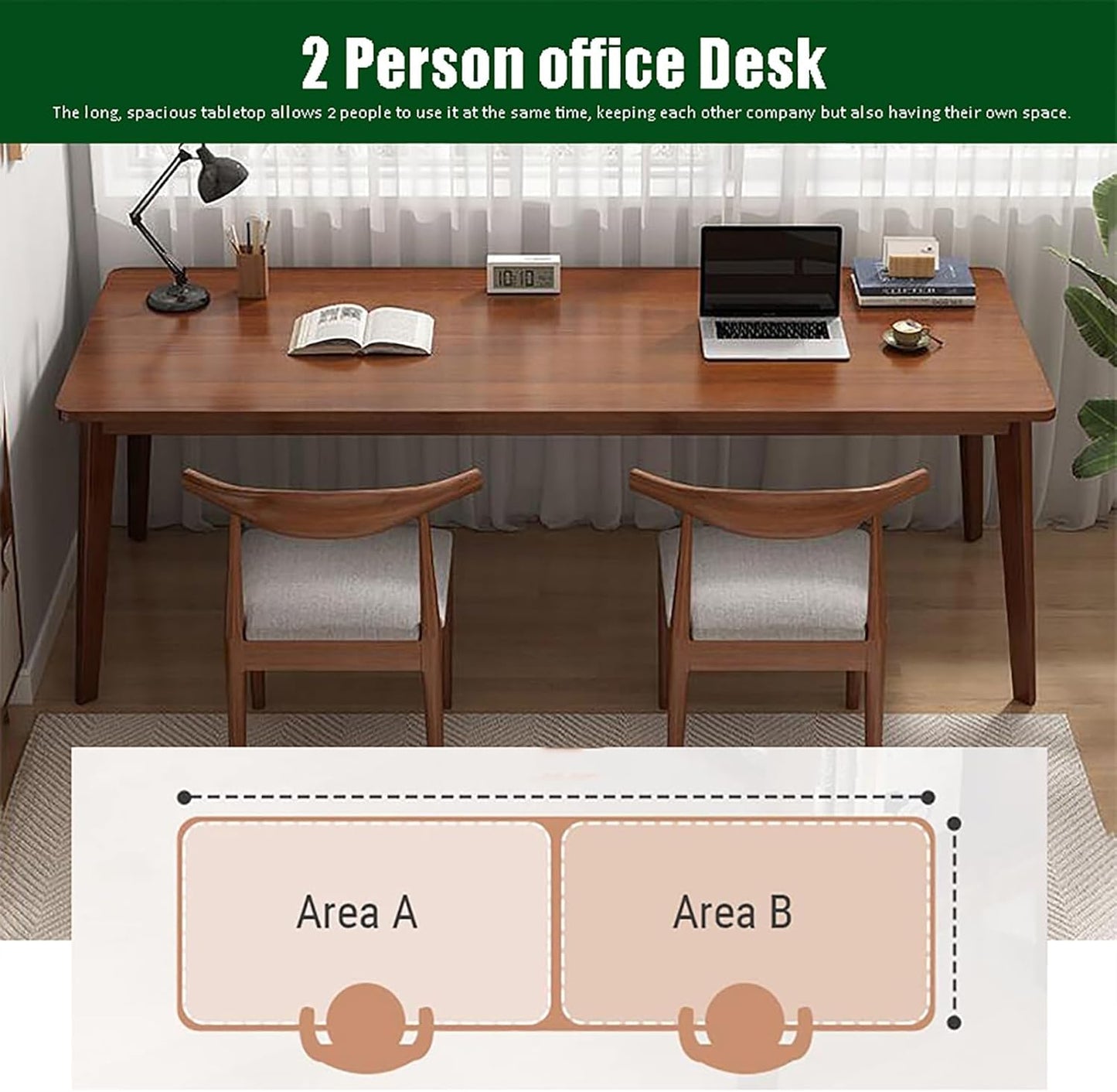 Mid-Century Wood Long Desk Table,Extra Large Two Person Office Desk,Home Computer Desk,Solid Writing Study Table,Double Workstation Desk, Walnut，Walnut 160X60X75Cm
