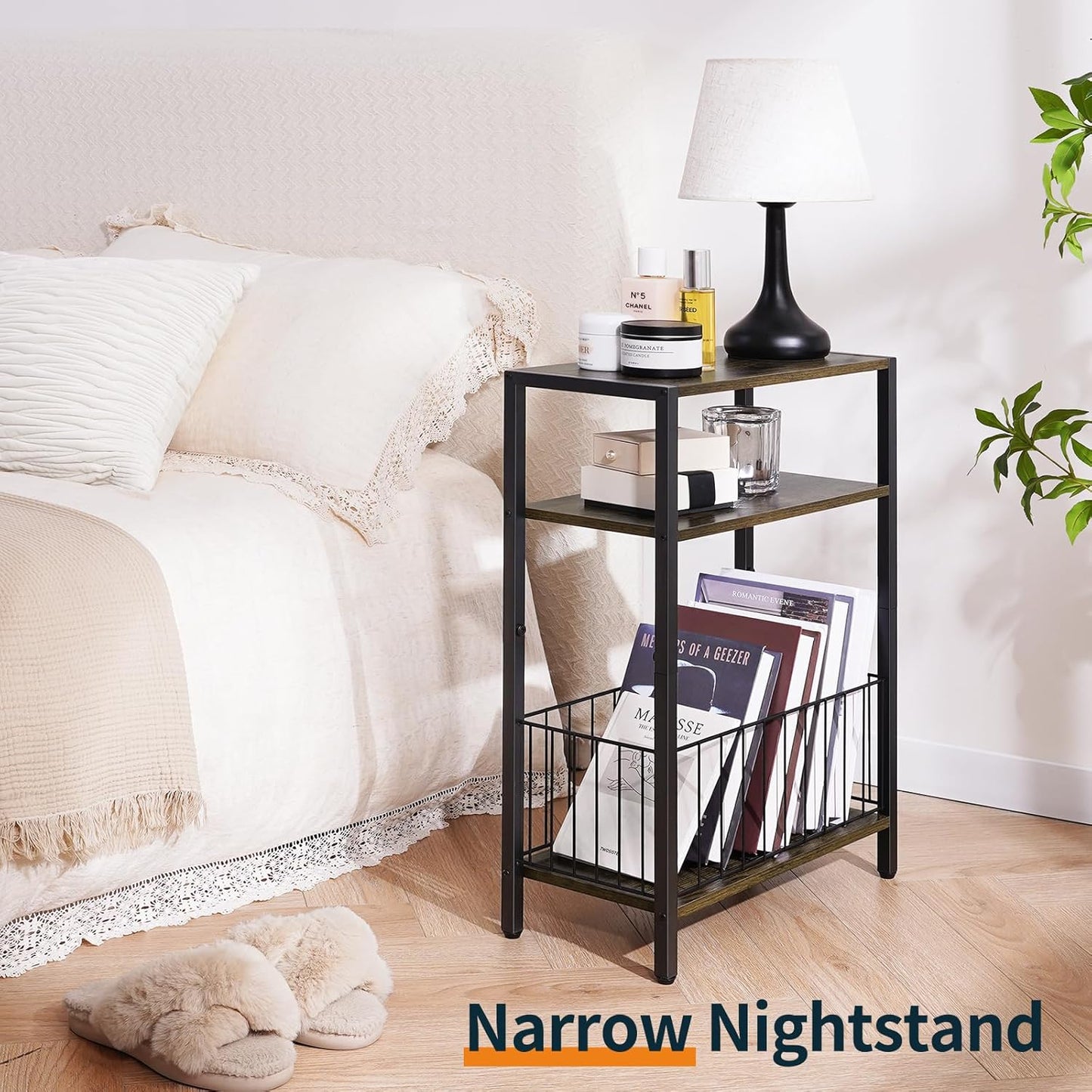 Narrow Side Table with Storage Basket, Small End Table for Small Spaces Skinny Side Tables Living Room Bedroom, Slim Nightstand 3 Tier Bedside Table Space-Saving for Magazine, Rustic Brown