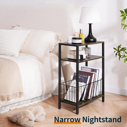 Narrow Side Table with Storage Basket, Small End Table for Small Spaces Skinny Side Tables Living Room Bedroom, Slim Nightstand 3 Tier Bedside Table Space-Saving for Magazine, Rustic Brown