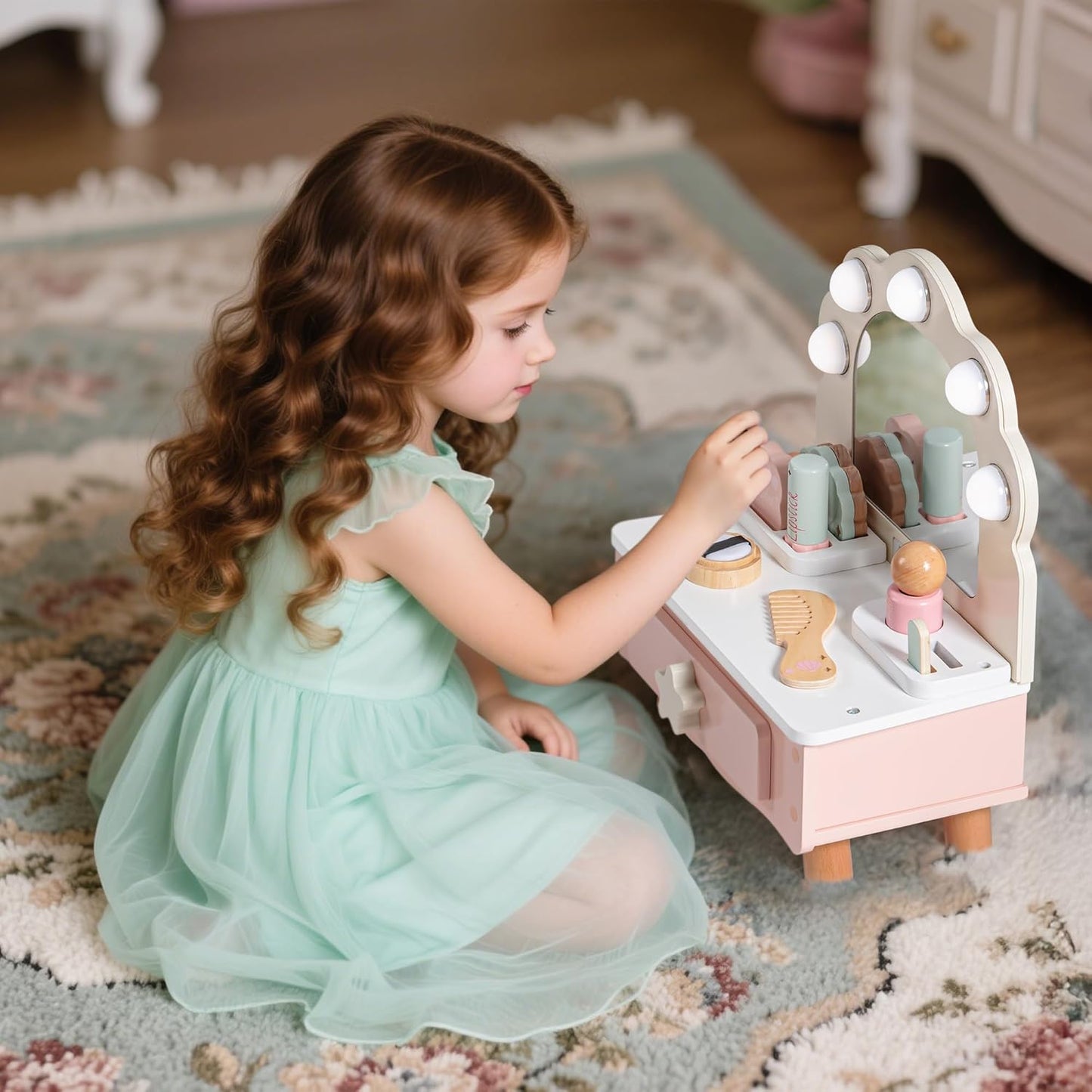 Toddler Vanity Makeup Table Toy with Mirror & Light, Wooden Kids Makeup Vanity Set, Dressing Table with Accessories and Lights, Pretend Makeup Set for Little Girls