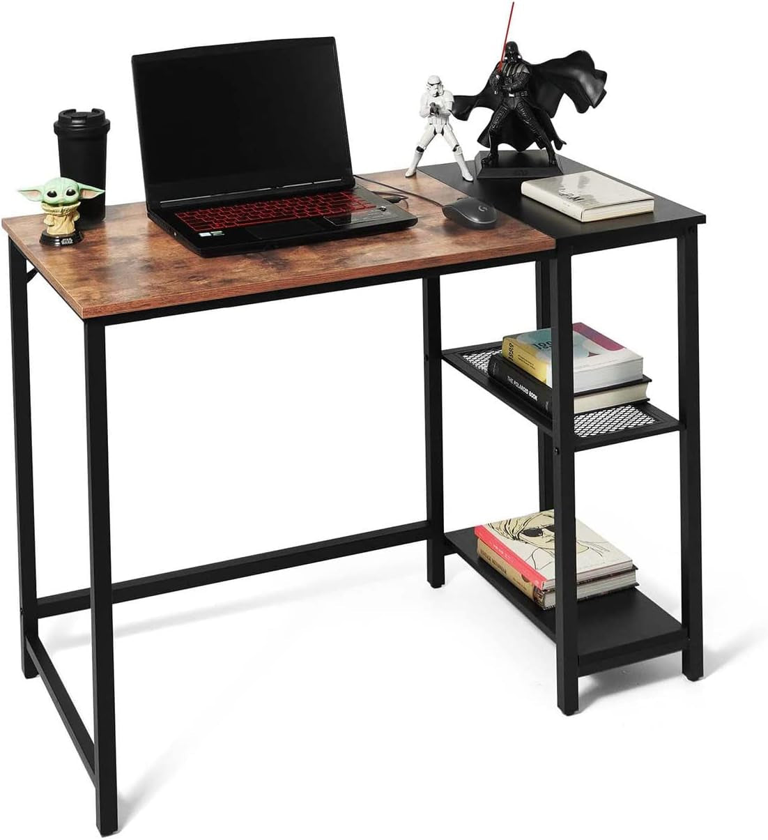 40 Inch Computer Desk with 2-Tier Storage Shelves, for Home Office & Gaming, Small Spaces Desk for Bedroom/Office, Easy Assemble P2 Board & Steel Legs, Rustic Oak & Black (220 Lbs Load)