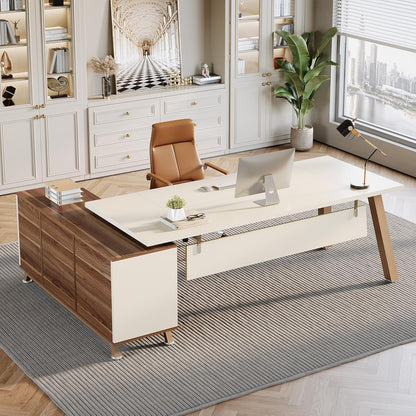 78.7" L-Shaped Executive Desk, Modern Office Desk with File Drawers & Storage Shelves, Large Computer Desk with 55-Inch Cabinet, Business Workstation for Home Office, Beige & Walnut