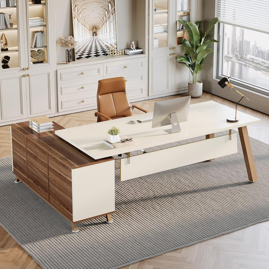 78.7" L-Shaped Executive Desk, Modern Office Desk with File Drawers & Storage Shelves, Large Computer Desk with 55-Inch Cabinet, Business Workstation for Home Office, Beige & Walnut