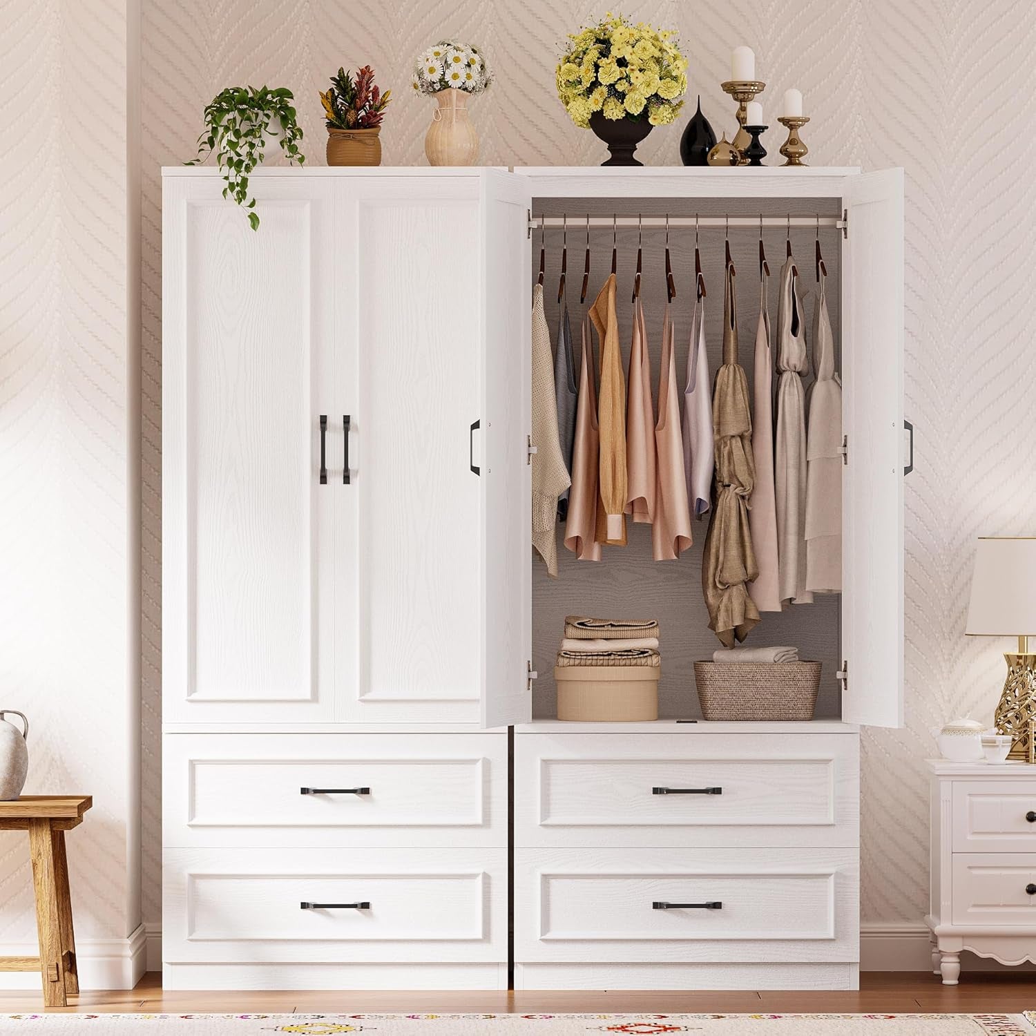Armoire Wardrobe Closet with 2 Doors and 2 Drawers 70" H X 28" W Wooden Bedroom Freestanding Wardrobe Combination for Hanging Clothes, White