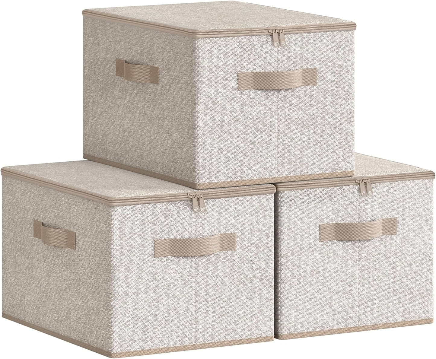 Foldable Storage Organizer Boxes, Set of 3 Storage Basket Bins with Lids, Handles, Clothes Organizer, 15.7 X 11.8 X 9.8 Inches, Non-Woven Fabric, Summer Sand URZB003K01