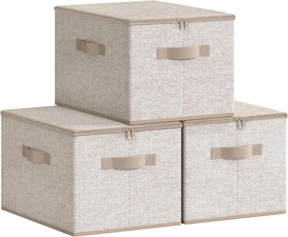 Foldable Storage Organizer Boxes, Set of 3 Storage Basket Bins with Lids, Handles, Clothes Organizer, 15.7 X 11.8 X 9.8 Inches, Non-Woven Fabric, Summer Sand URZB003K01