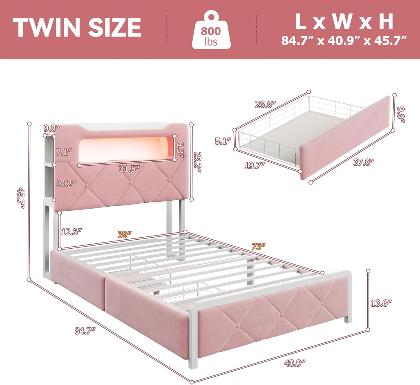 Twin Upholstered LED Bed Frame with 2 Storage Drawers and 2-Tier Storage Bookcase Headboard, Velvet Princess Platform Bed for Kids/Girls/Boys, Heavy Duty Metal Support, No Box Spring Needed, Pink