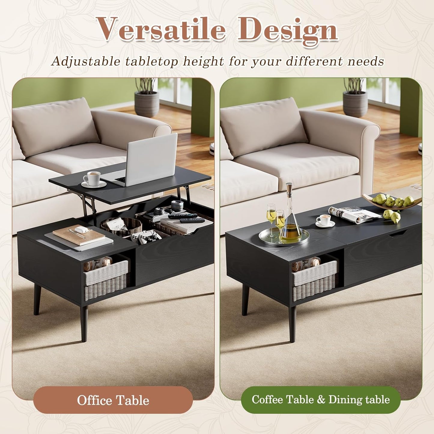 Wood Lift Top Coffee Table with Hidden Compartment and Large Storage Shelf, Lift Tabletop Dining Center Table for Home Living Room Office, Black