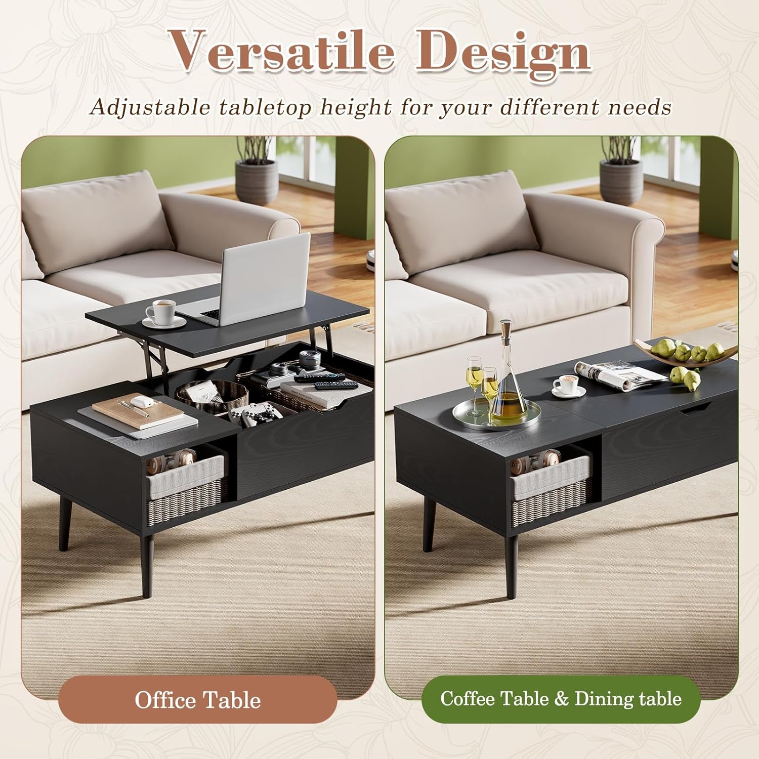 Wood Lift Top Coffee Table with Hidden Compartment and Large Storage Shelf, Lift Tabletop Dining Center Table for Home Living Room Office, Black