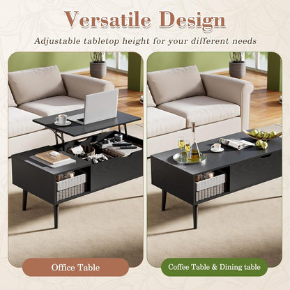 Wood Lift Top Coffee Table with Hidden Compartment and Large Storage Shelf, Lift Tabletop Dining Center Table for Home Living Room Office, Black