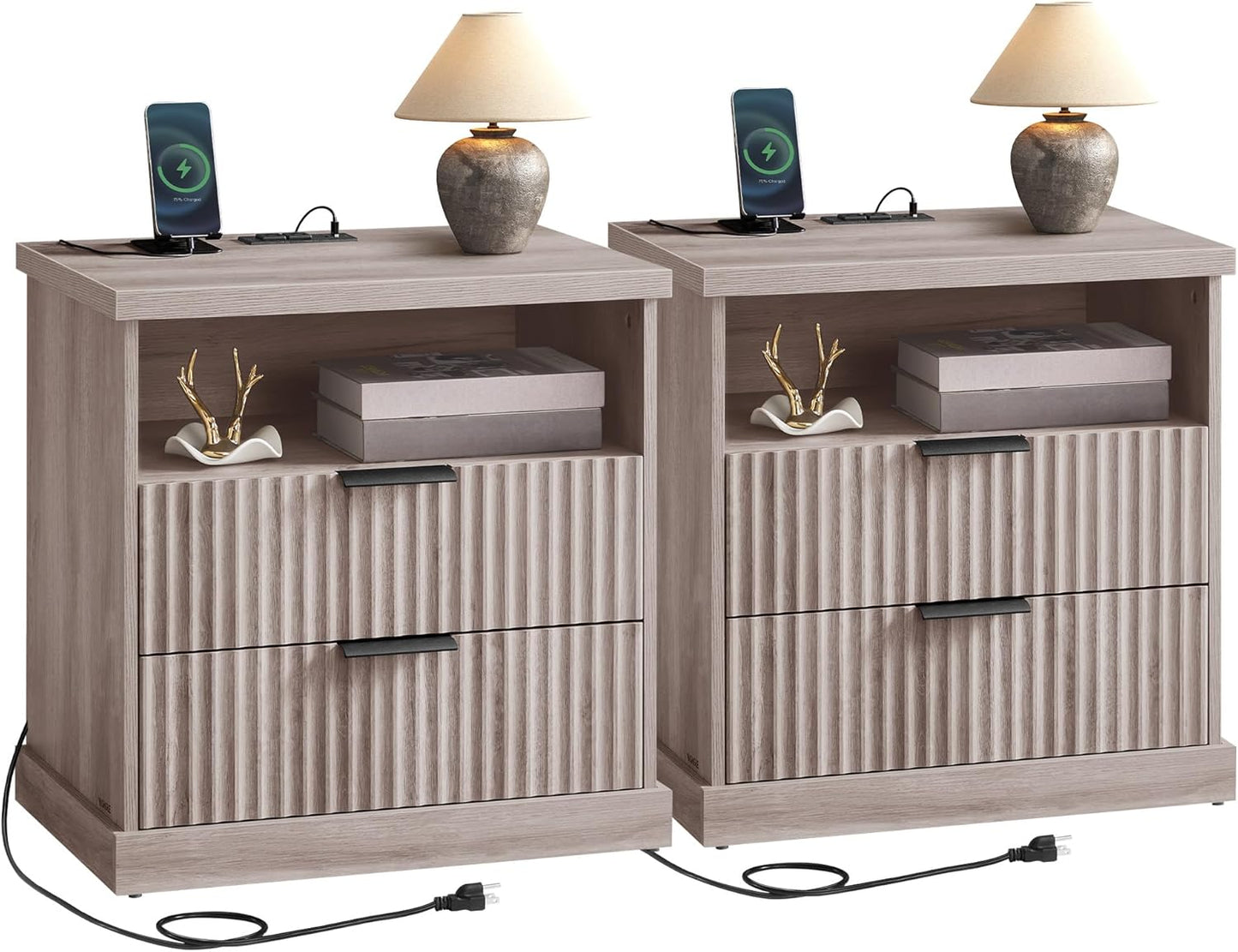 MAXE Collection - Set of 2 Nightstands with Charging Station, Bedside Table, Side End Table with 2 Drawers, Open Shelf, 2 AC Outlets, 2 USB Ports, Transitional, Bedroom, Washed Gray ULET926G01