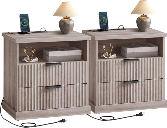 MAXE Collection - Set of 2 Nightstands with Charging Station, Bedside Table, Side End Table with 2 Drawers, Open Shelf, 2 AC Outlets, 2 USB Ports, Transitional, Bedroom, Washed Gray ULET926G01