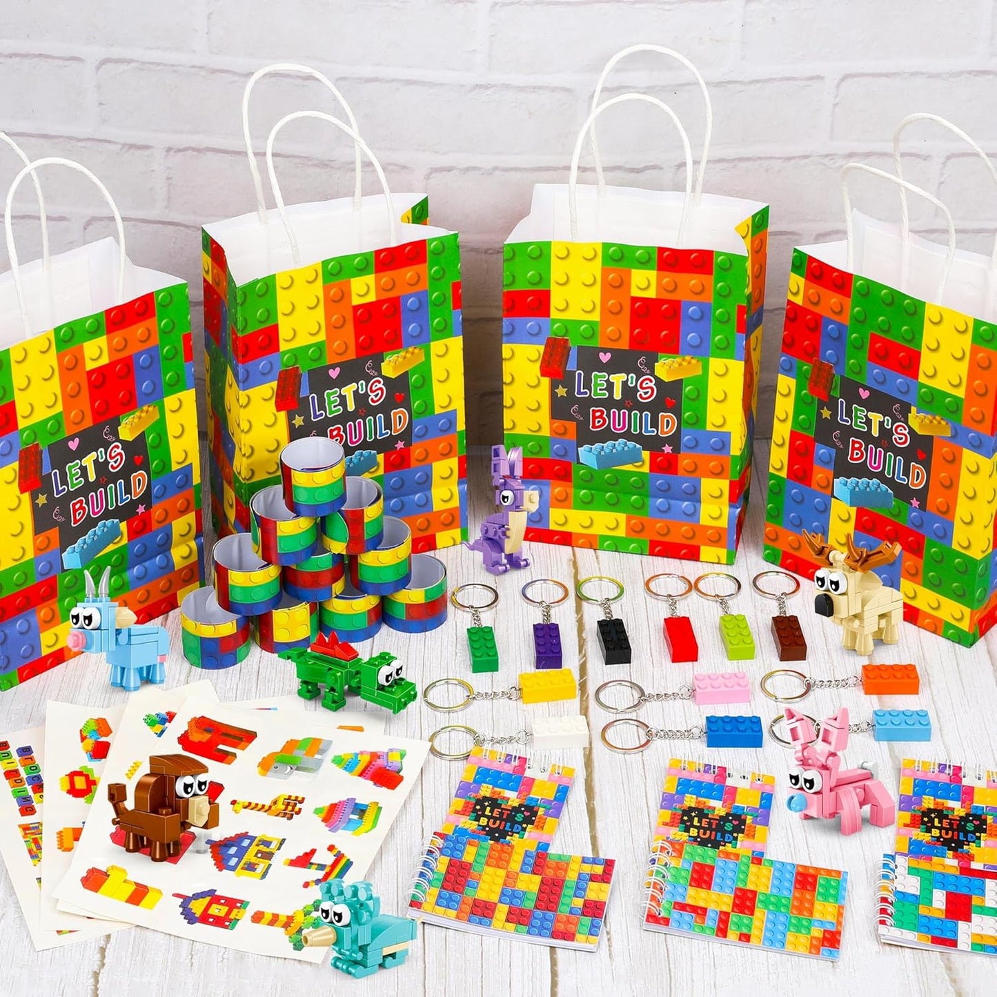 146 Pack Building Blocks Party Favor, Building Blocks Party Supplies Tote Bag Notebook Bracelet Keychain Stamps Stickers for Birthday Party Decoration Gifts Class Reward