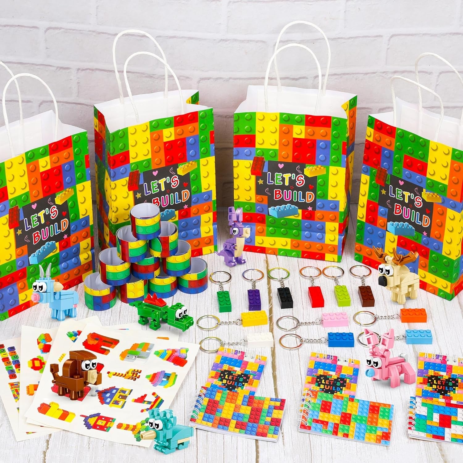 146 Pack Building Blocks Party Favor, Building Blocks Party Supplies Tote Bag Notebook Bracelet Keychain Stamps Stickers for Birthday Party Decoration Gifts Class Reward