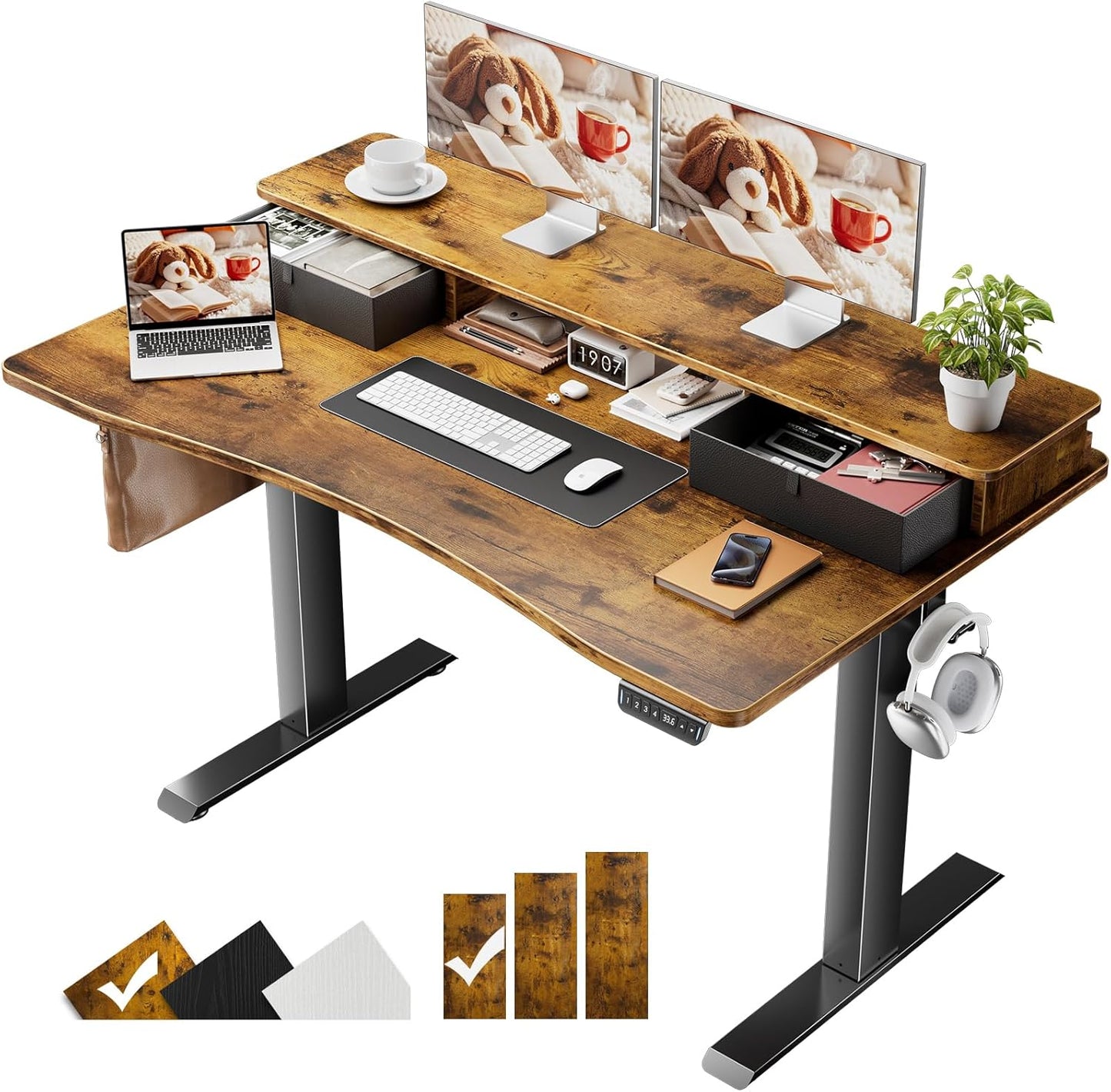 47.2"×27.6" Standing Desk with Storage Drawers, Adjustable Height Computer Table with Monitor Shelf, Home Office Desk for Study, Gaming, Workstation, Brown