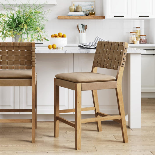 Cohen Mid-Century Modern Leather Bar Stool, Counter Height Chair in Solid Wood Frame with Footrest and Woven Leather Back for Kitchen, Natural Brown, 1 Count, Barstool - 24"