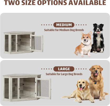 52 Inch Corner Dog Crate Furniture,Wooden Dog Kennel Furniture with Mesh,Decorative Wood Dog House for Small/Medium/Large Dog,Perfect for Indoor Limited Room