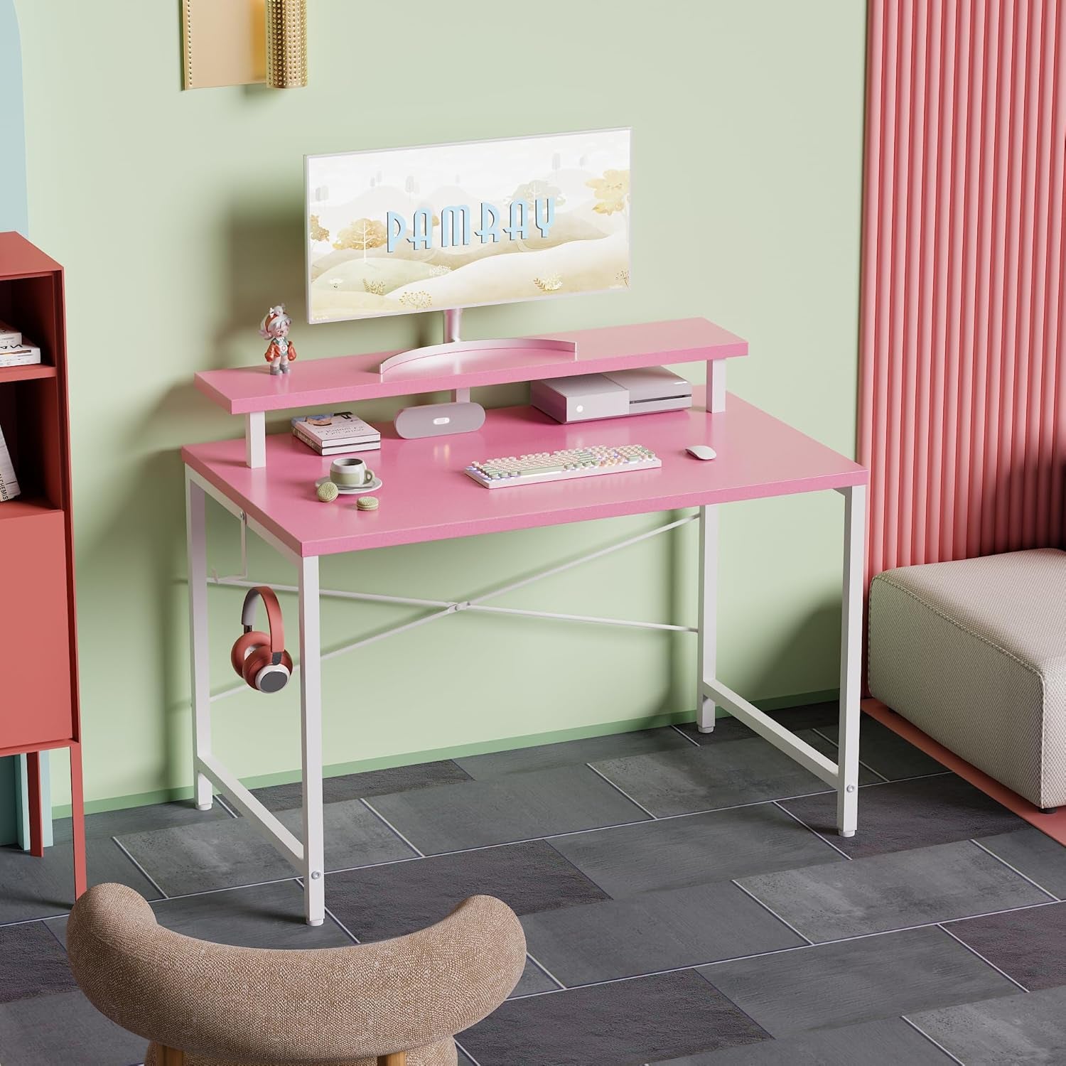 32 Inch Small Computer Desk with Monitor Stand, Simple Office Desk with Headphone Hook for Small Spaces, Kids Study Writing Table for Bedroom, Pink