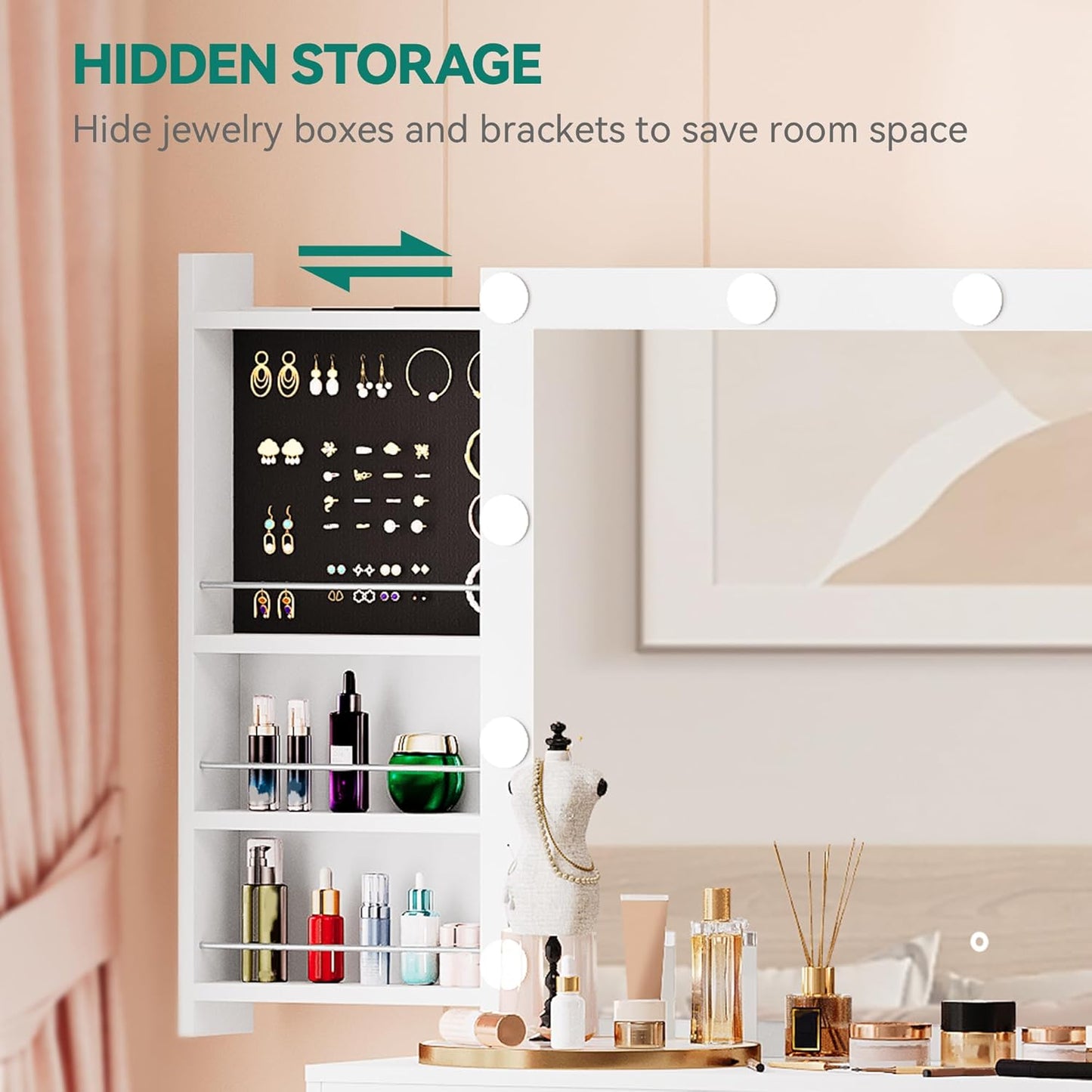 Makeup Vanity Table with Lighted Mirror, Cushioned Stool, 4 Storage Drawers & Hidden Jewelry Organizer, 3-Mode LED Lighting