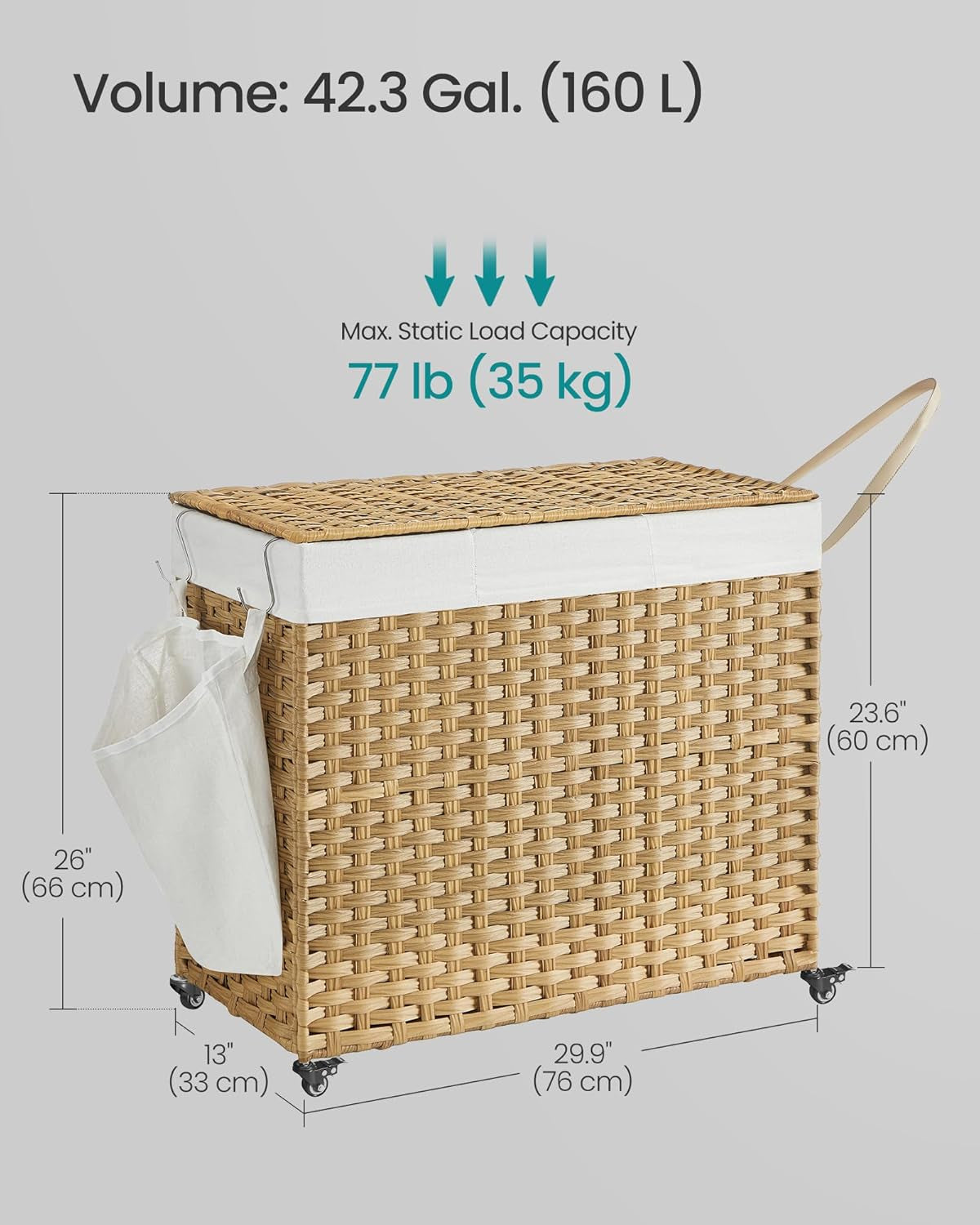Laundry Hamper with Lid, 42.3 Gallons (160 L), Rolling Laundry Basket with Wheels, 3-Section Synthetic Rattan, Removable Liner, Bedroom, 29.9 X 13 X 26 Inches, Natural ULCB365N01