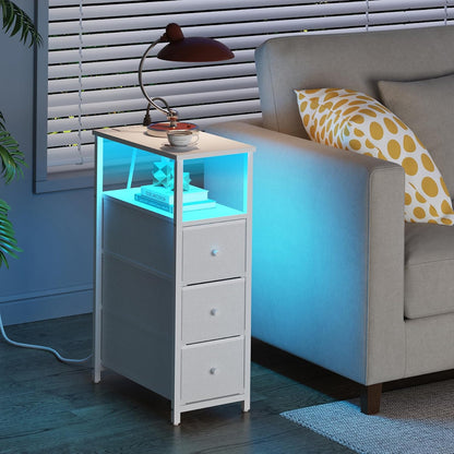 Narrow LED Night Stand with Charging Station, Slim End Table with Plugins, Tall Side Table with 3 Fabric Drawer, Small Bedside Table with Storage, for Living Room, White TB01BW086L