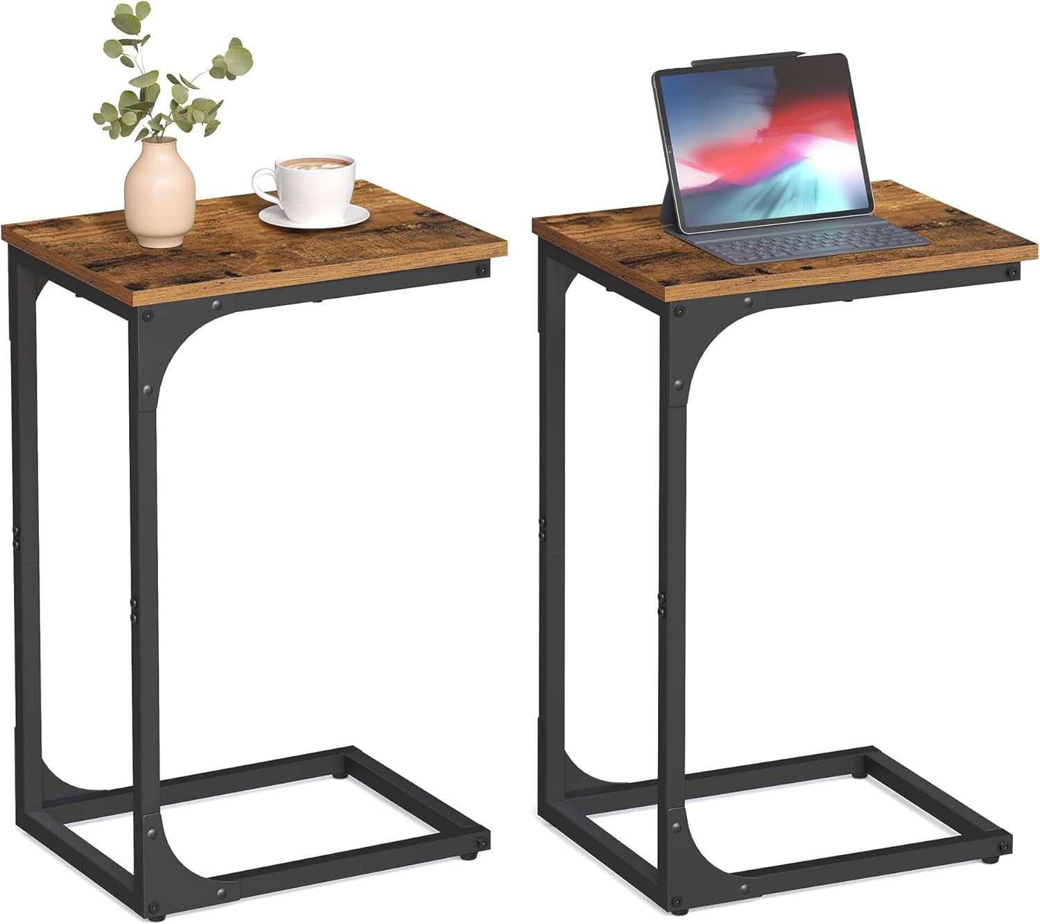 C-Shaped End Table Set of 2, Small Side Table for Couch, Sofa Table with Metal Frame for Living Room, Bedroom, Bedside, Rustic Brown and Black