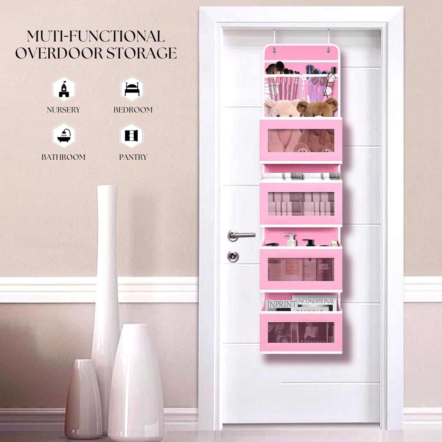 over Door Organizer with 4 Large Capacity Pockets, Hanging Organizer Storage for Closet Bathroom Nursery Bedroom Dorm, Toys Cosmetics Sundries and Baby Essentials, Pink