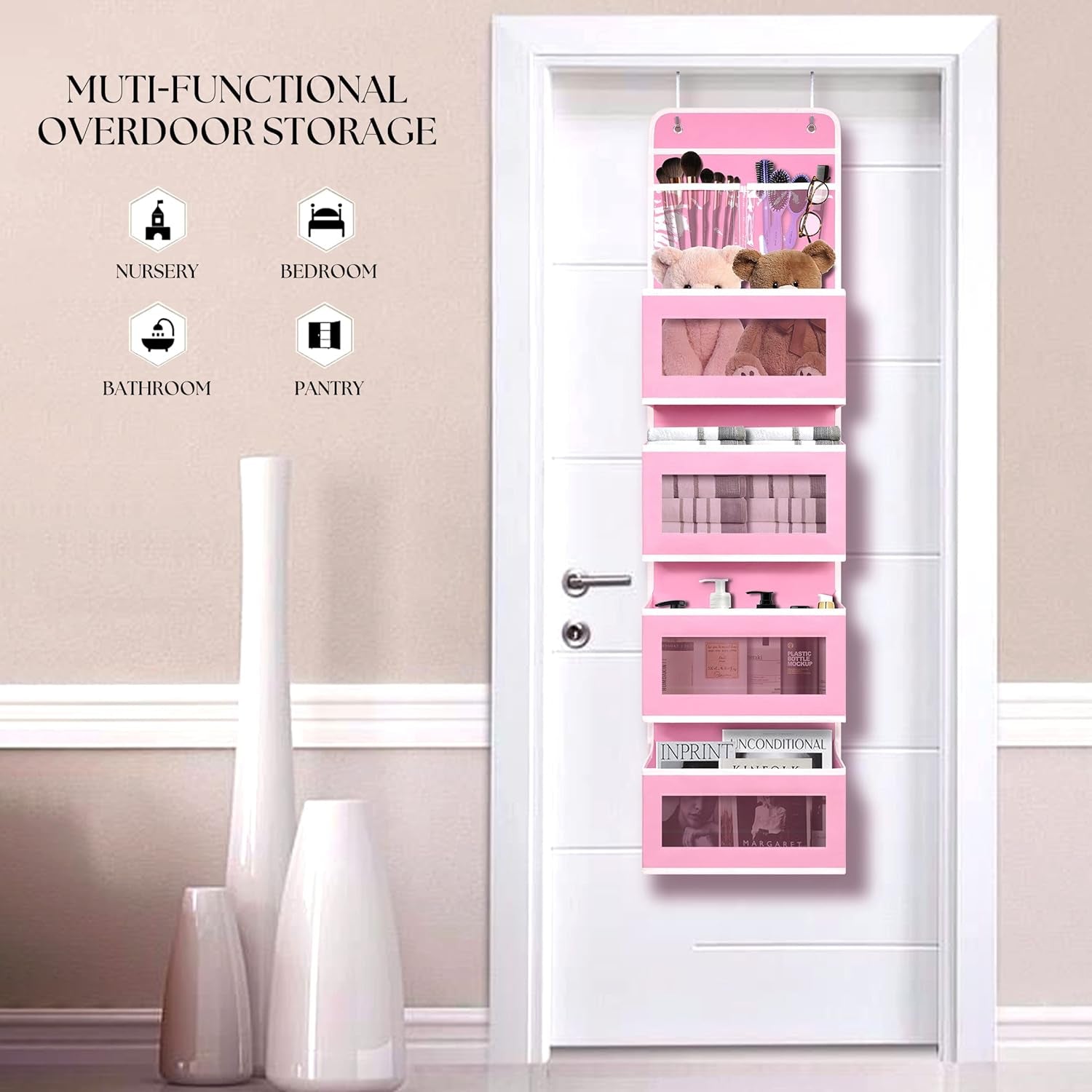 over Door Organizer with 4 Large Capacity Pockets, Hanging Organizer Storage for Closet Bathroom Nursery Bedroom Dorm, Toys Cosmetics Sundries and Baby Essentials, Pink