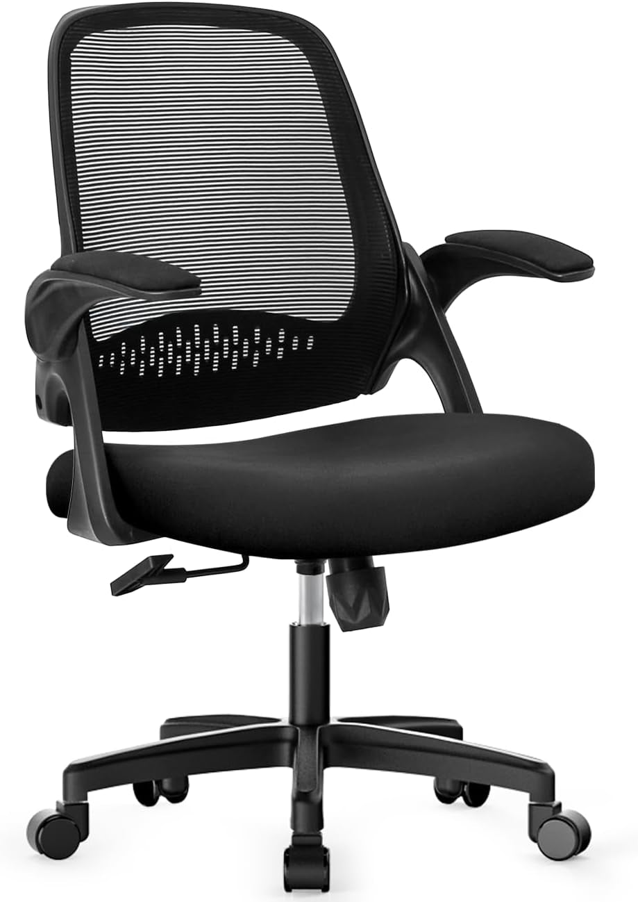 Office Desk Computer Gaming Ergonomic Chair with Lumbar Back Support Adjustable Height Swivel Wheels Flip-Up Arms Mesh Chair for Home or Office (Black)