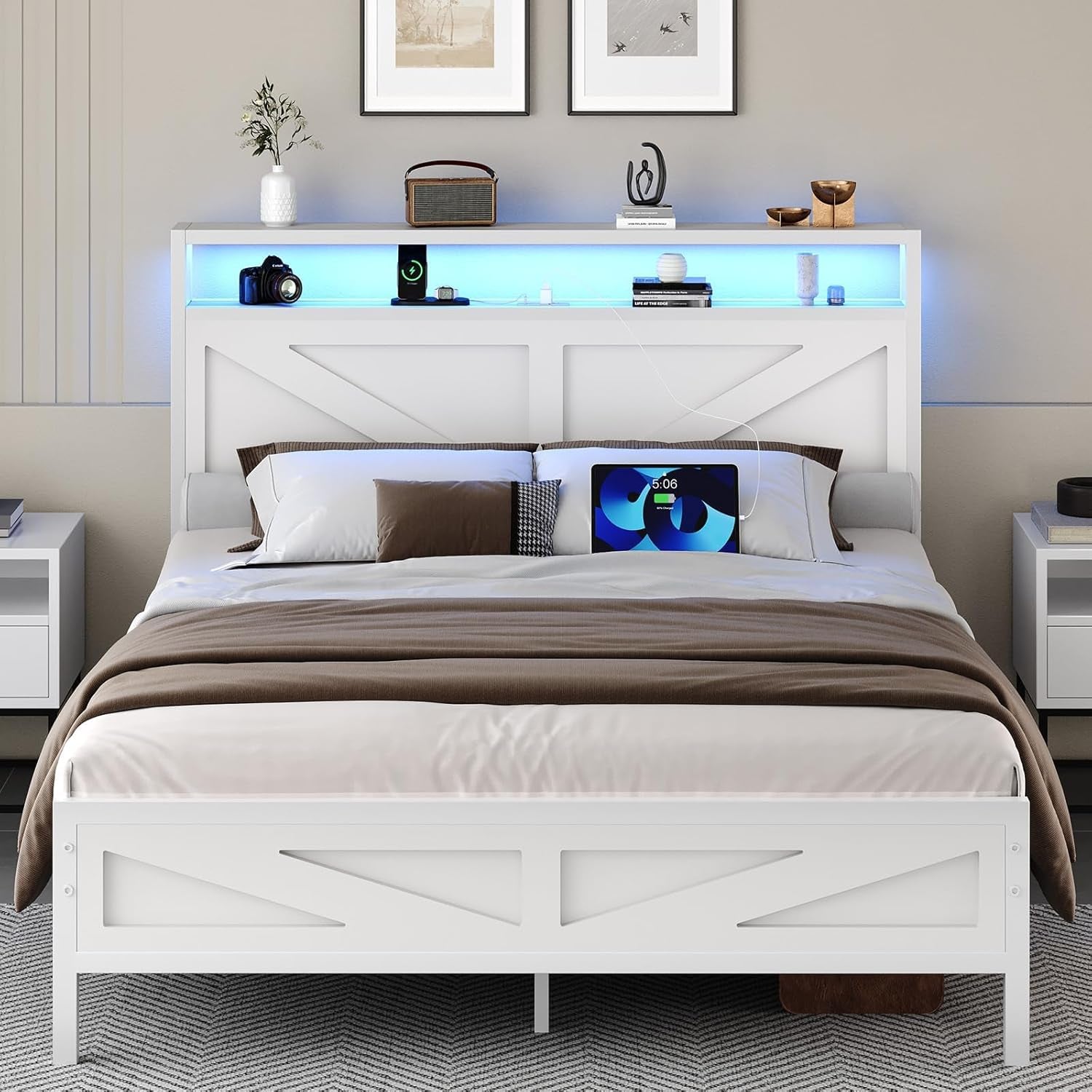 Queen Bed Frame with Headboard, Queen Bed Frames with Outlets and LED Lights, Rustic Bed Frame with Storage Headboard, Farmhouse Barn Door Design, Noise Free, No Box Spring Needed, White