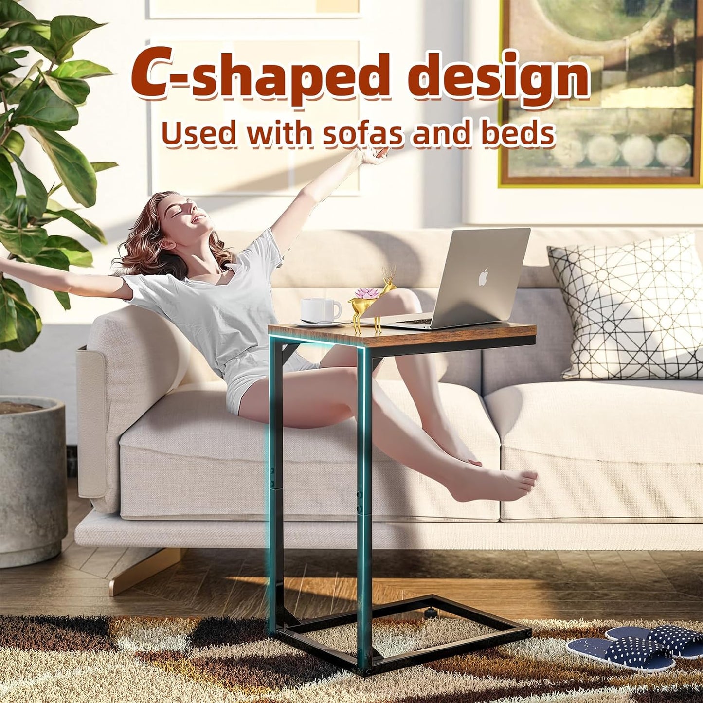 C Shaped End Table for Couch, Small Side Table TV Tray Table with Metal Frame for Living Room, Bedroom, Rustic Brown
