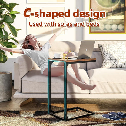 C Shaped End Table for Couch, Small Side Table TV Tray Table with Metal Frame for Living Room, Bedroom, Rustic Brown